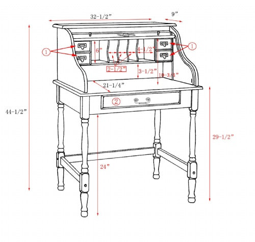 32" Mini Roll Top Desk w/ USB Power Outlet BW
