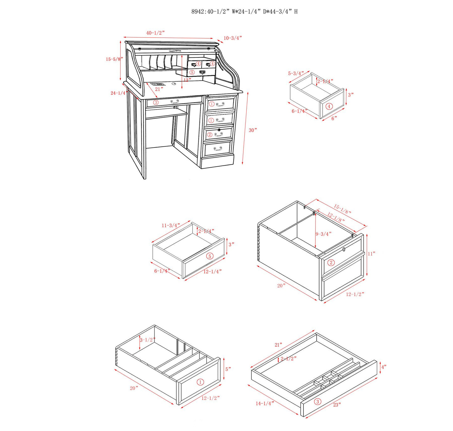 42" Student Roll Top Desk w/ USB Power Outlet BW