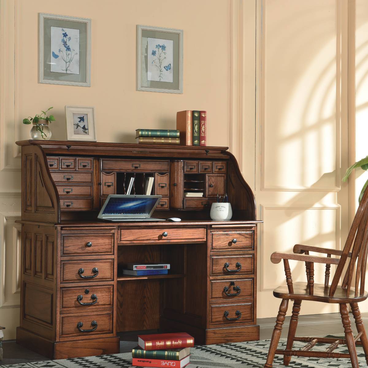 54" Deluxe Roll Top Desk w/ USB Power Outlet BW