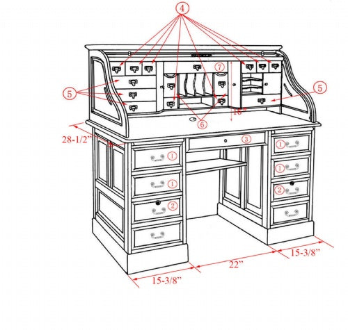 54" Deluxe Roll Top Desk w/ USB Power Outlet BW