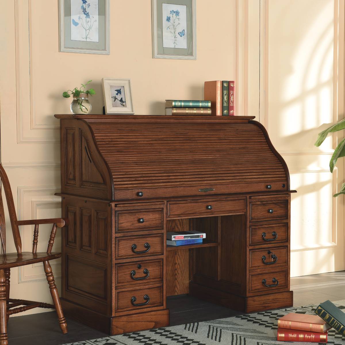 54" Deluxe Roll Top Desk w/ USB Power Outlet BW