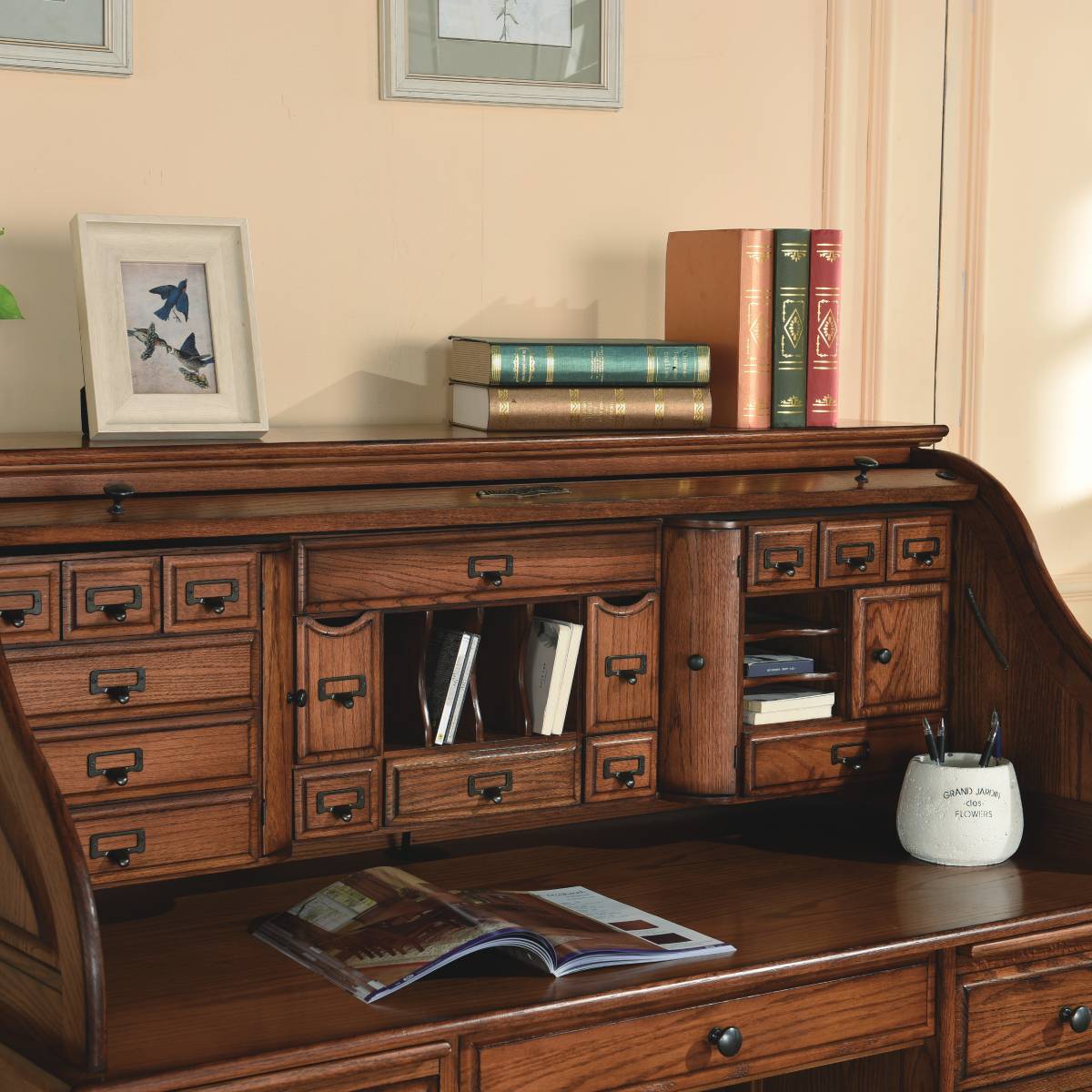 54" Deluxe Roll Top Desk w/ USB Power Outlet BW