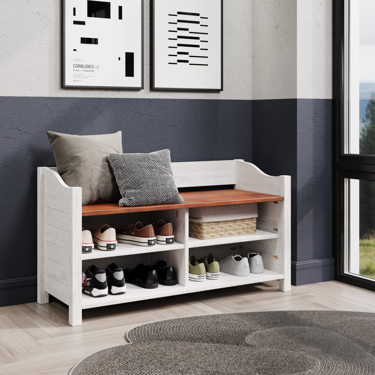 Shoe Rack and Bench White Distressed | Furniture Dash