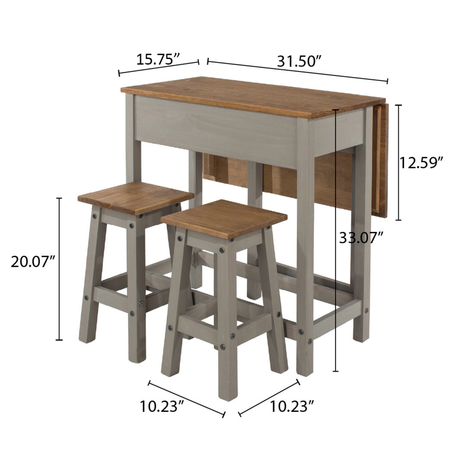 Wood Breakfast Set of Drop Leaf Table and 2 Stools Corona Gray | Furniture Dash