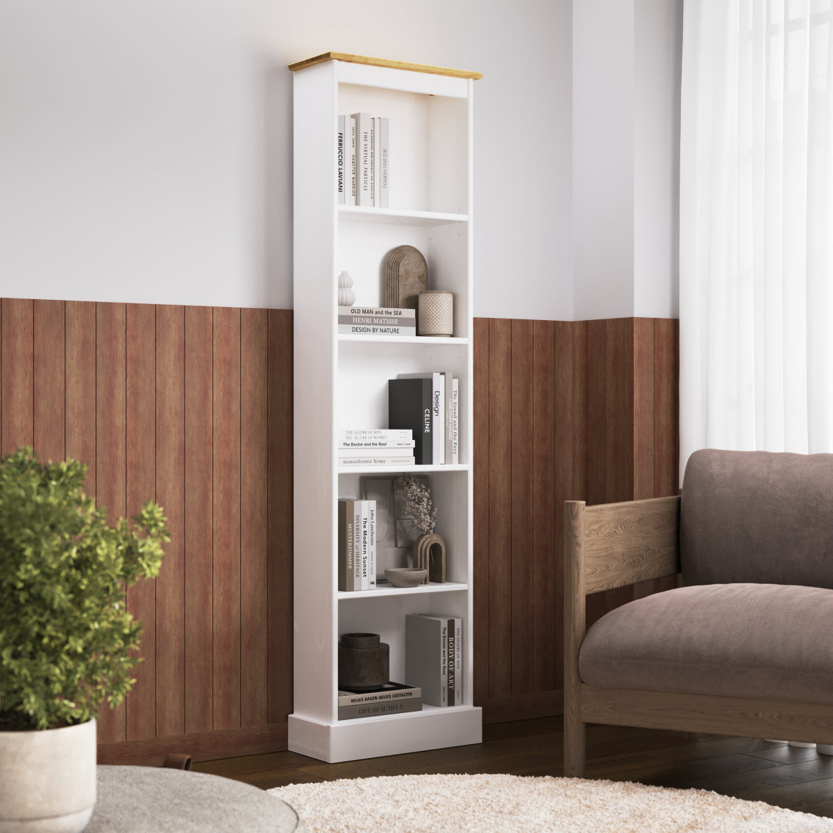 Wood Bookcase Tall Narrow Corona Snow | Furniture Dash