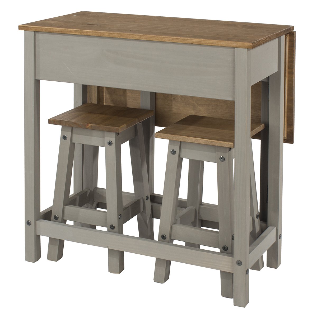 Wood Breakfast Set of Drop Leaf Table and 2 Stools Corona Gray | Furniture Dash