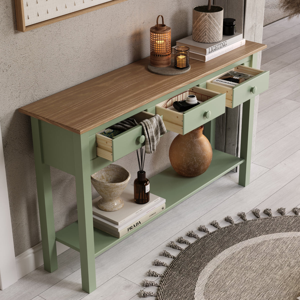Wood Hall Table Console 3 Drawers Farmhouse Sage Green | Furniture Dash