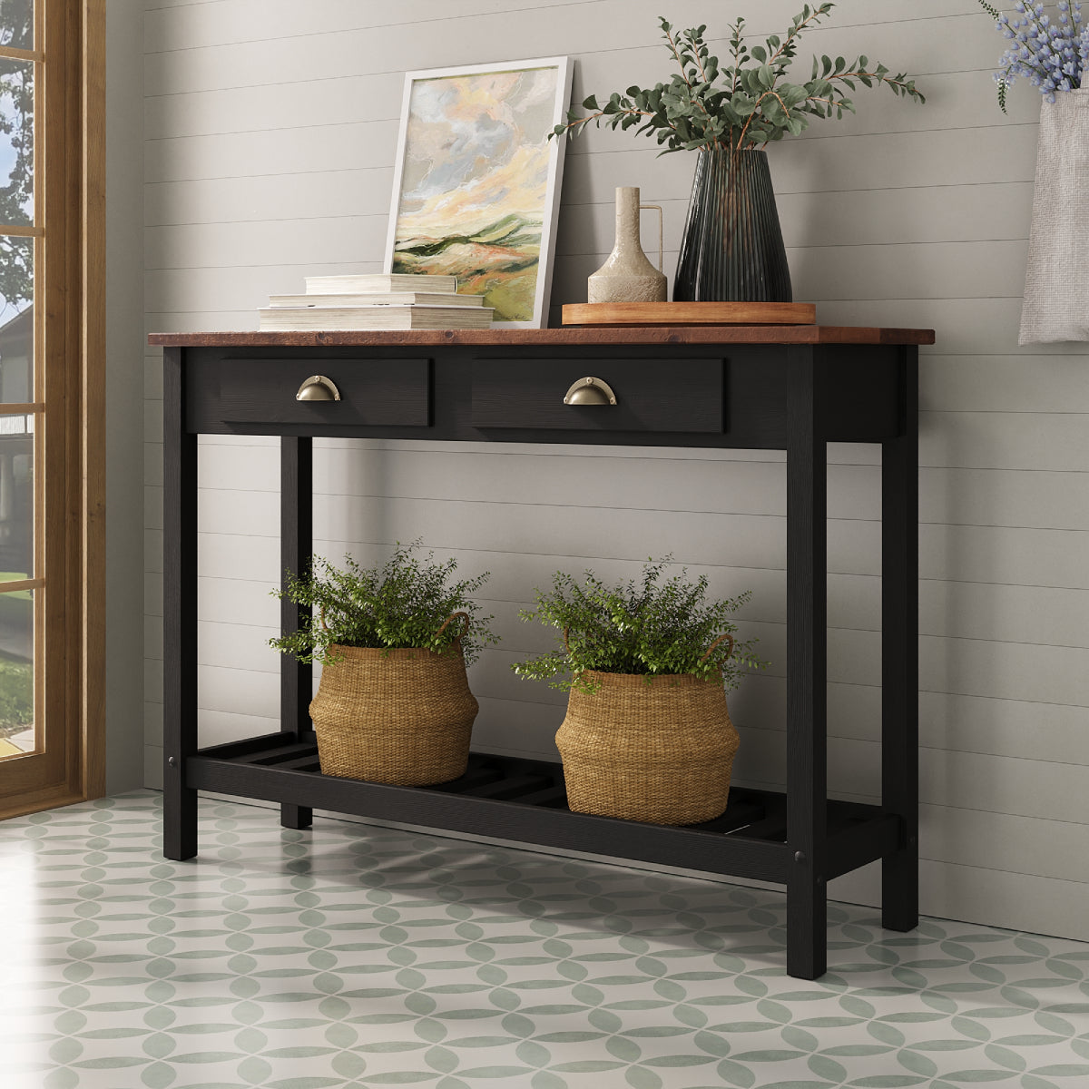 Wood Hall Table Console 2 Drawers Harvest Black | Furniture Dash