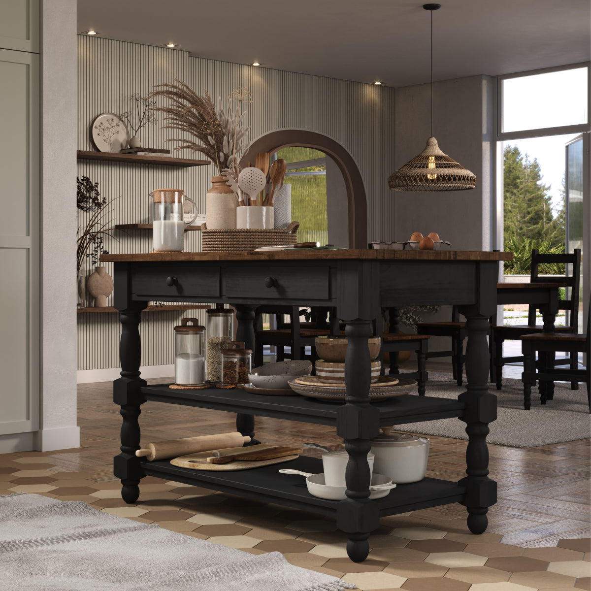 Wood Kitchen Island 2 Drawers 2 Shelf Black | Furniture Dash