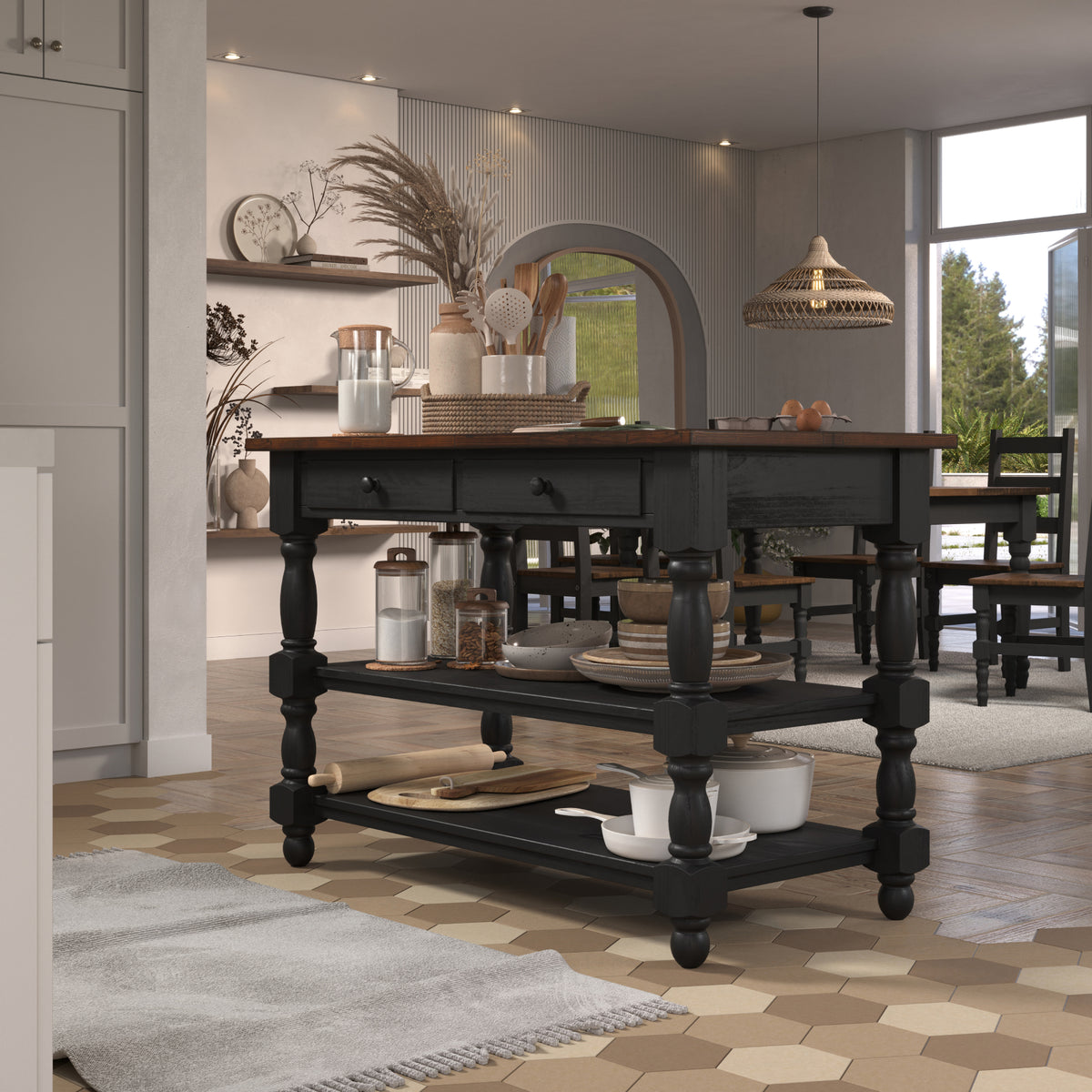 Wood Kitchen Island 2 Drawers 2 Shelf Black | Furniture Dash