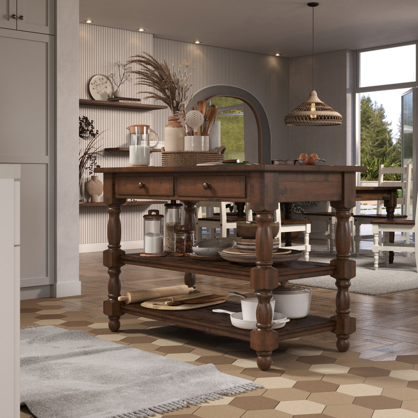 Wood Kitchen Island 2 Drawers 2 Shelf Walnut | Furniture Dash