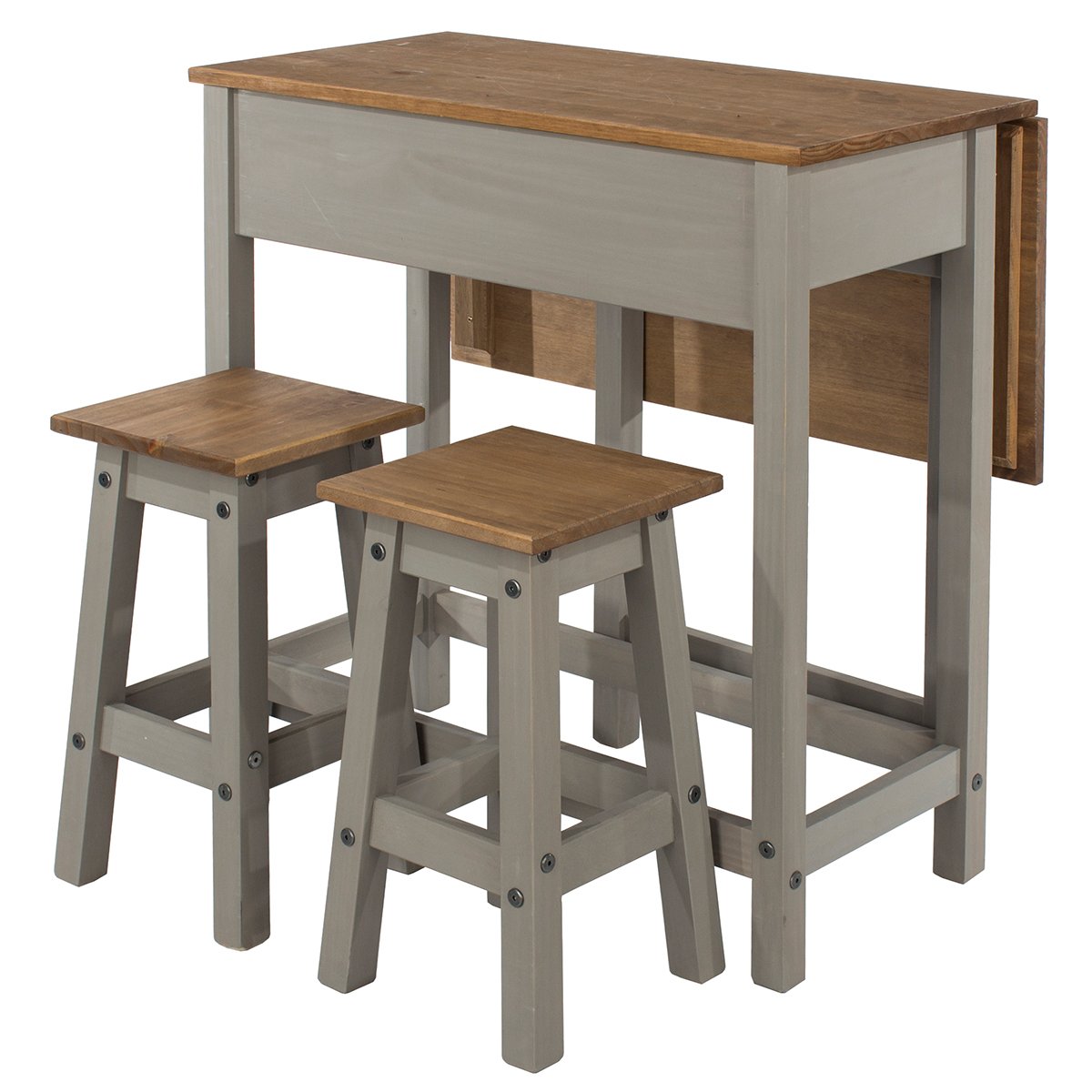 Wood Breakfast Set of Drop Leaf Table and 2 Stools Corona Gray | Furniture Dash