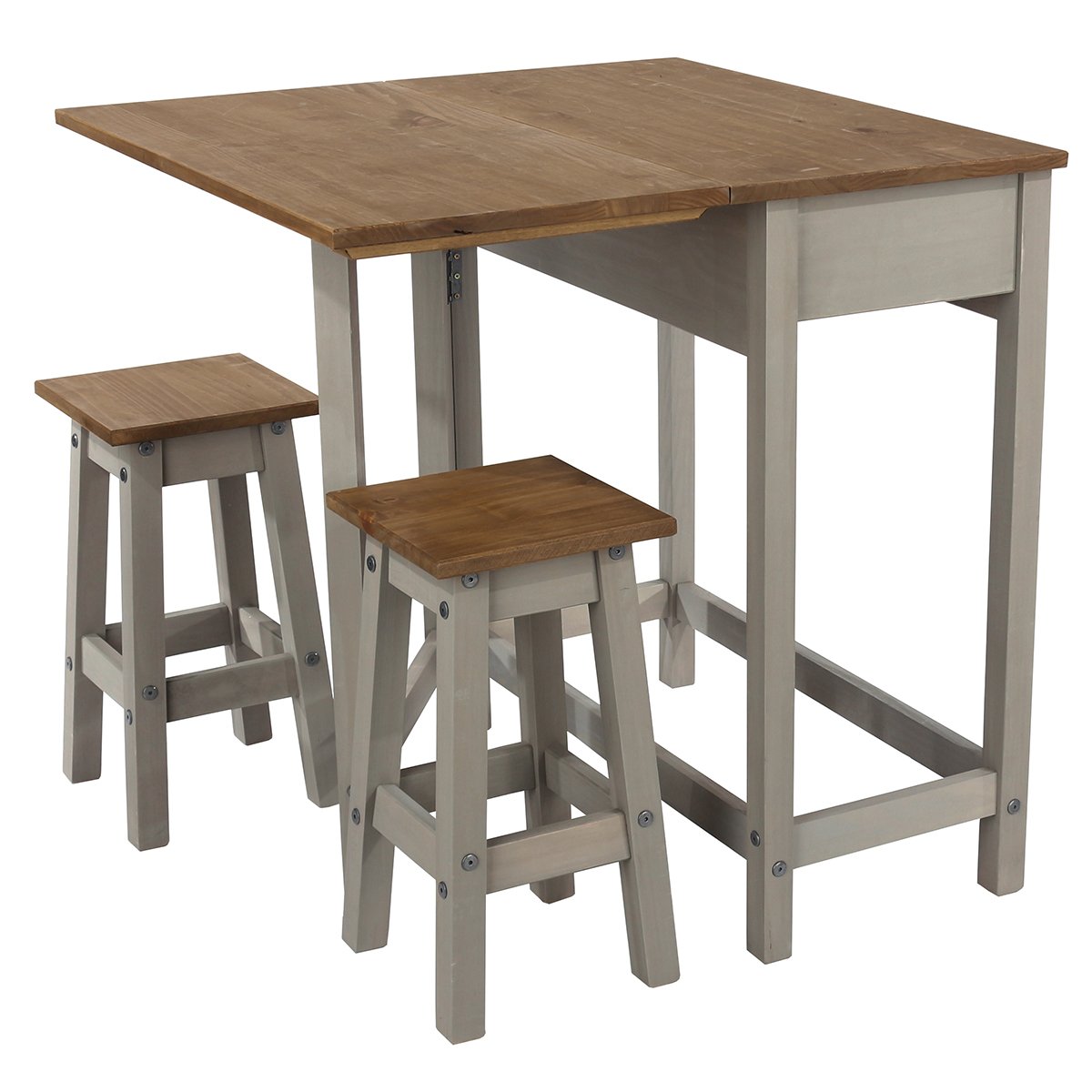 Wood Breakfast Set of Drop Leaf Table and 2 Stools Corona Gray | Furniture Dash