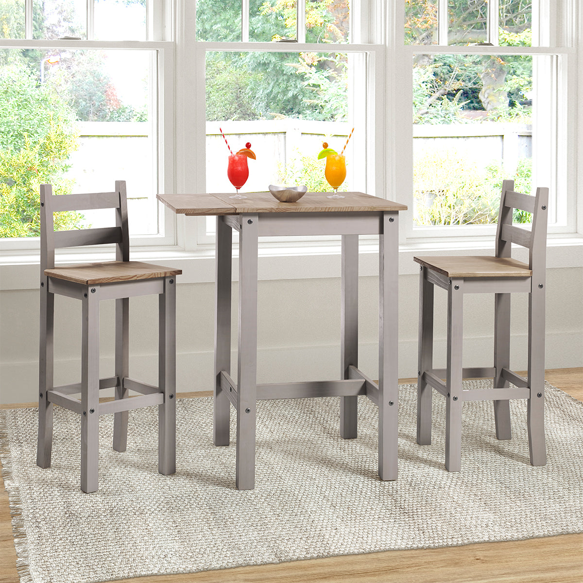 Wood Bar Height Dining Set of Drop Leaf Table and 2 Chairs Corona Gray | Furniture Dash