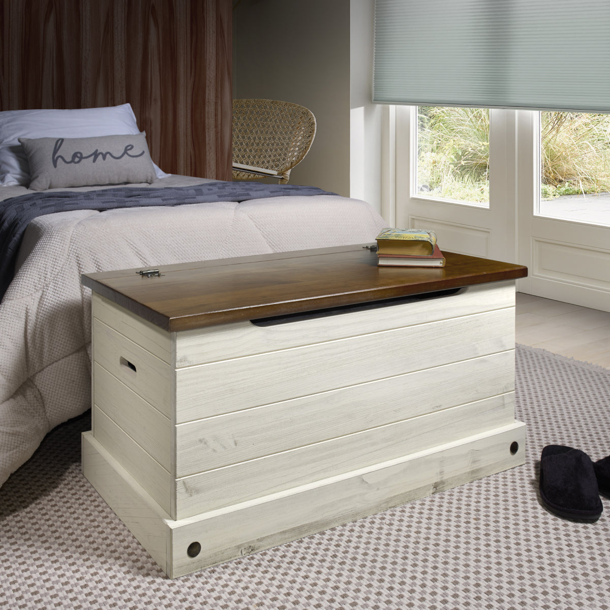 Wood Storage Trunk Ottoman White Distressed | Furniture Dash