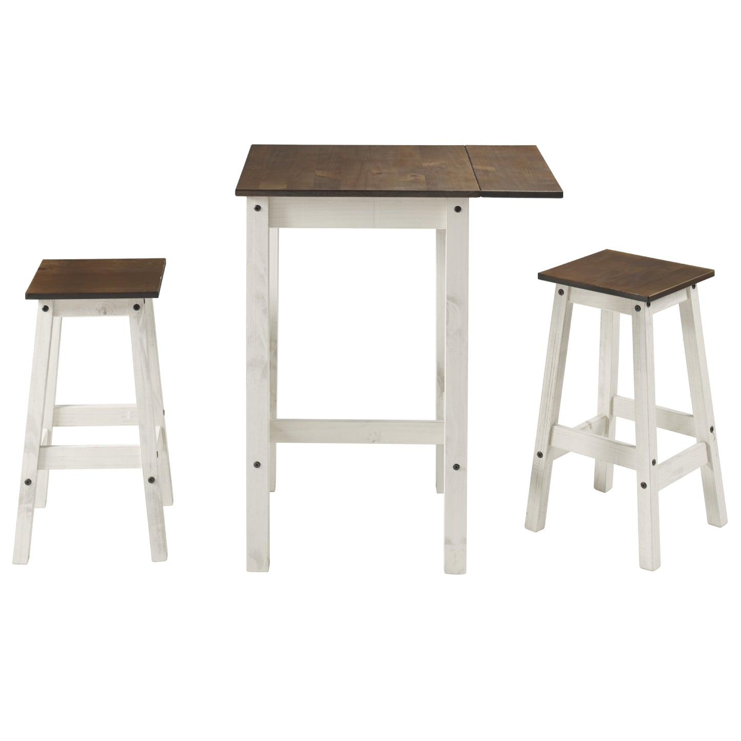Wood Bar Height Dining Set of Drop Leaf Table and 2 Stools White Distressed | Furniture Dash