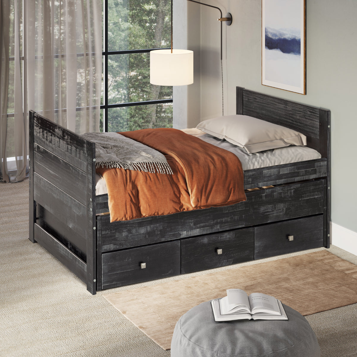 Twin 3 Drawer Captain Bed with Twin Trundle Black | Furniture Dash