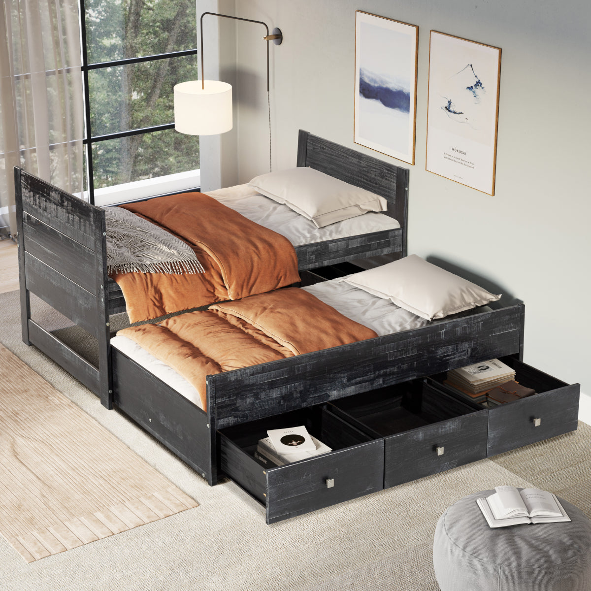 Twin 3 Drawer Captain Bed with Twin Trundle Black | Furniture Dash