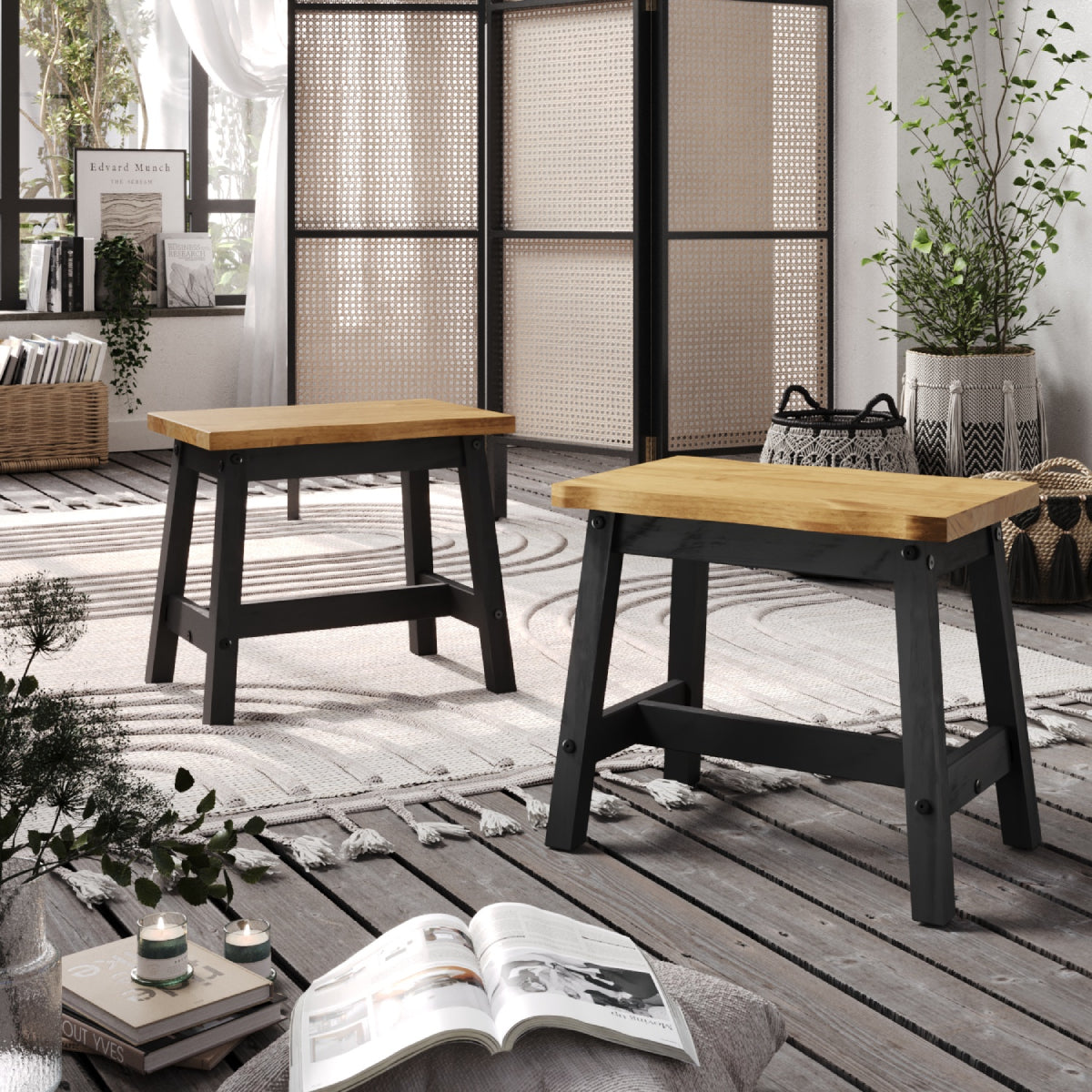 Wood Set of 2 Kitchen Stools Corona Black | Furniture Dash