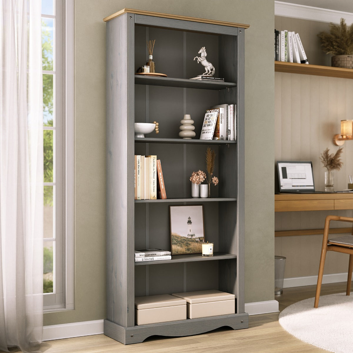 Wood Bookcase 5 Shelf Corona Gray | Furniture Dash