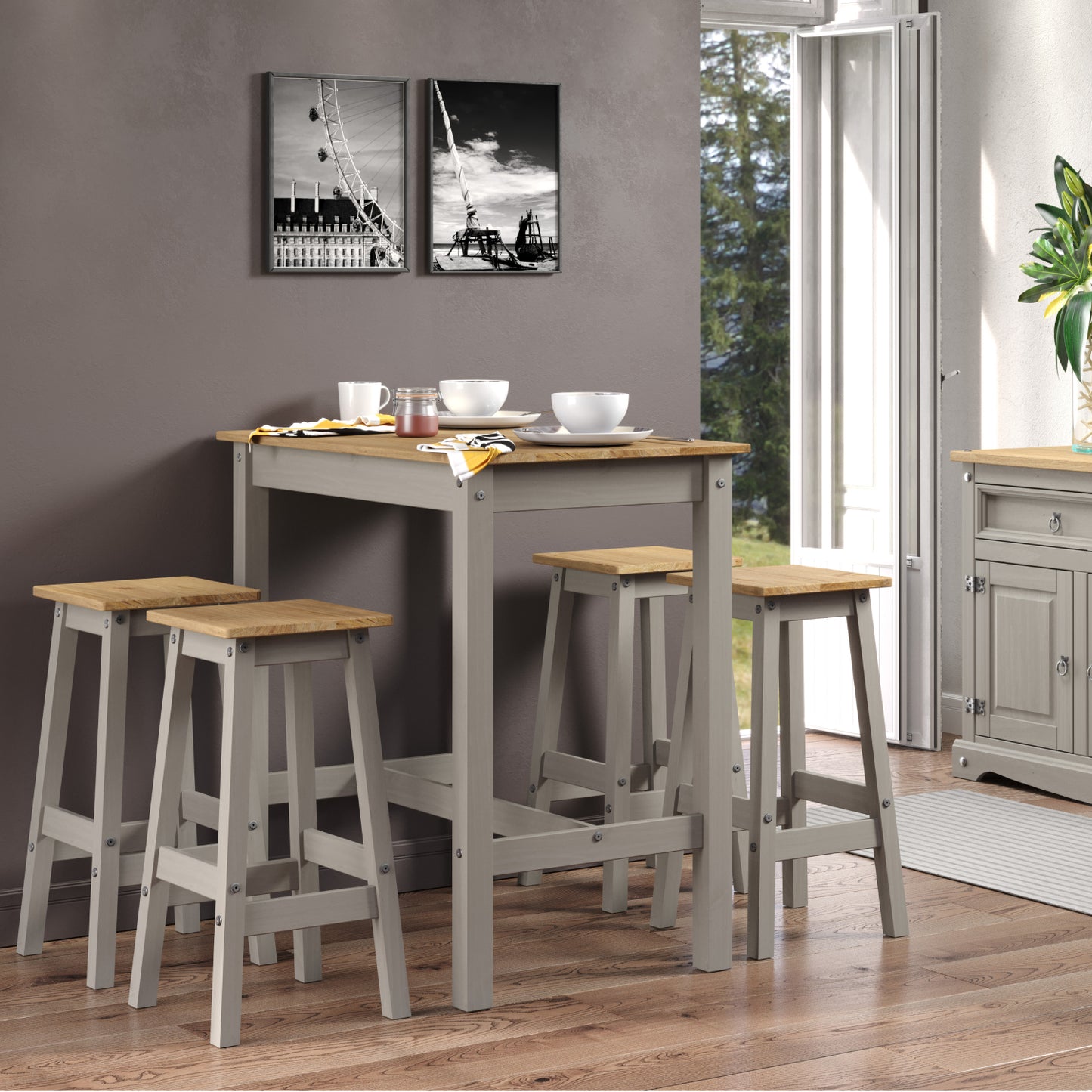 Wood Bar Height Dining Set of Drop Leaf Table and 4 Stools Corona Gray | Furniture Dash