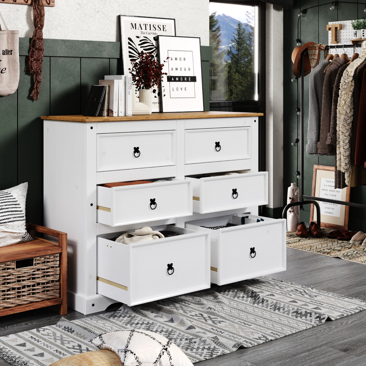 Wood Dresser 3+3 Drawers Chest Corona Snow | Furniture Dash