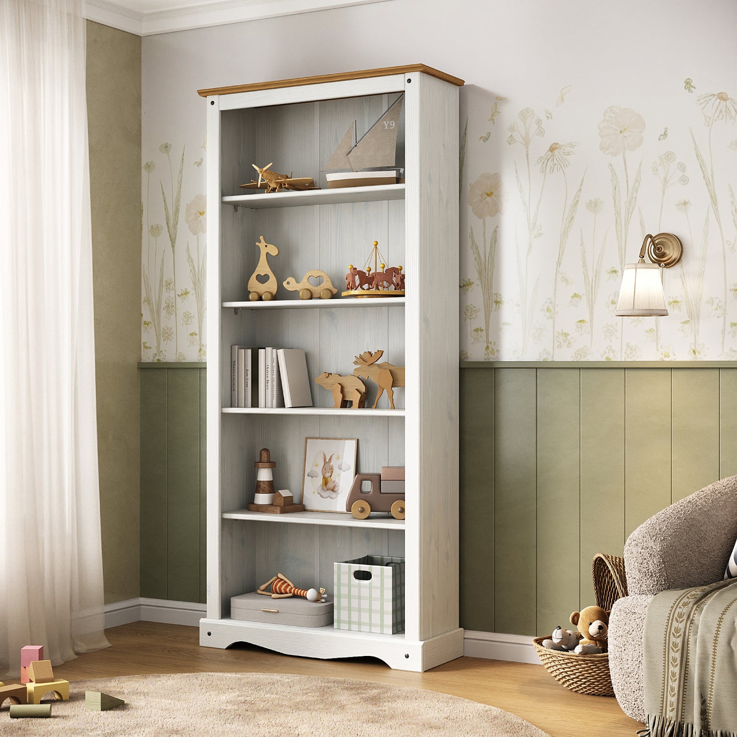 Wood Bookcase 5 Shelf Corona Snow | Furniture Dash