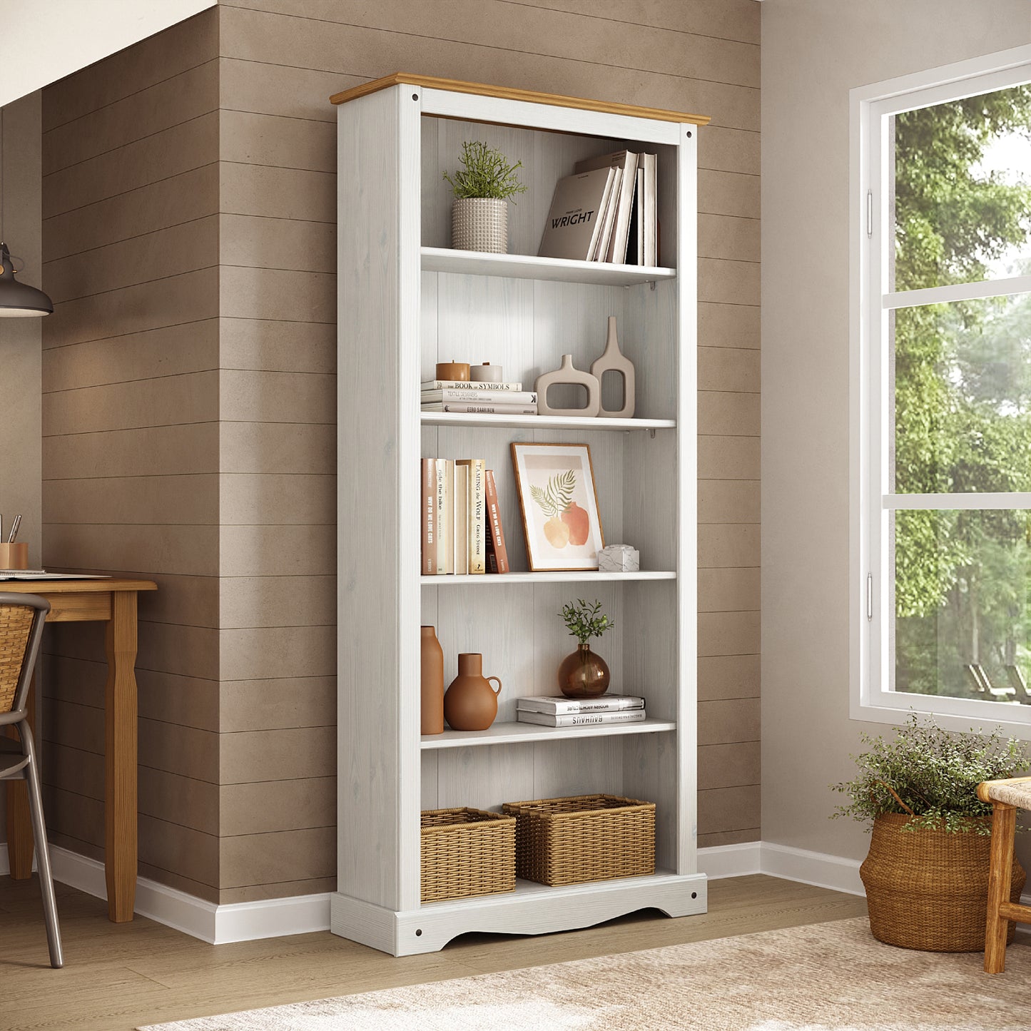 Wood Bookcase 5 Shelf Corona Snow | Furniture Dash