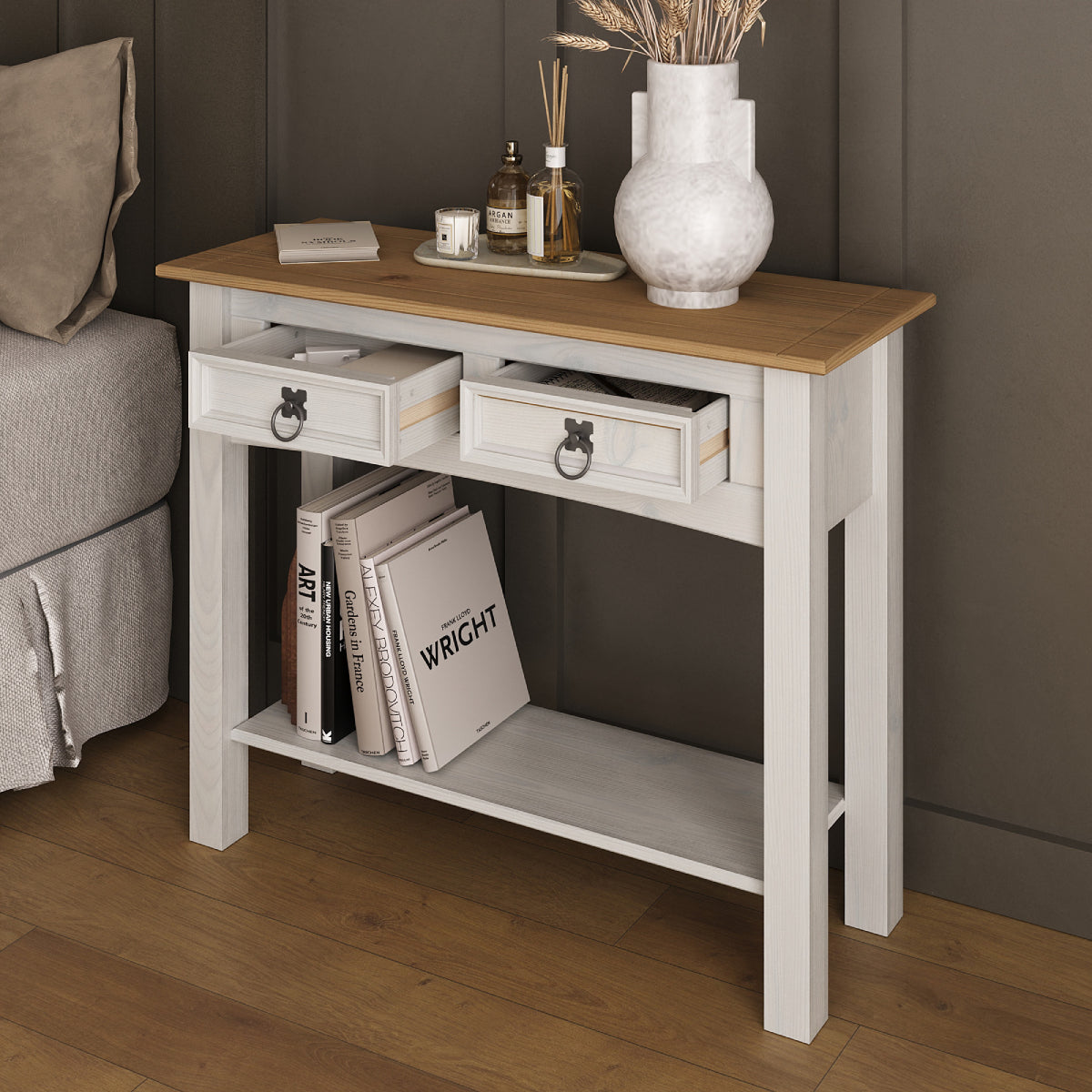 Wood Hall Table Console 2 Drawers Corona Snow | Furniture Dash