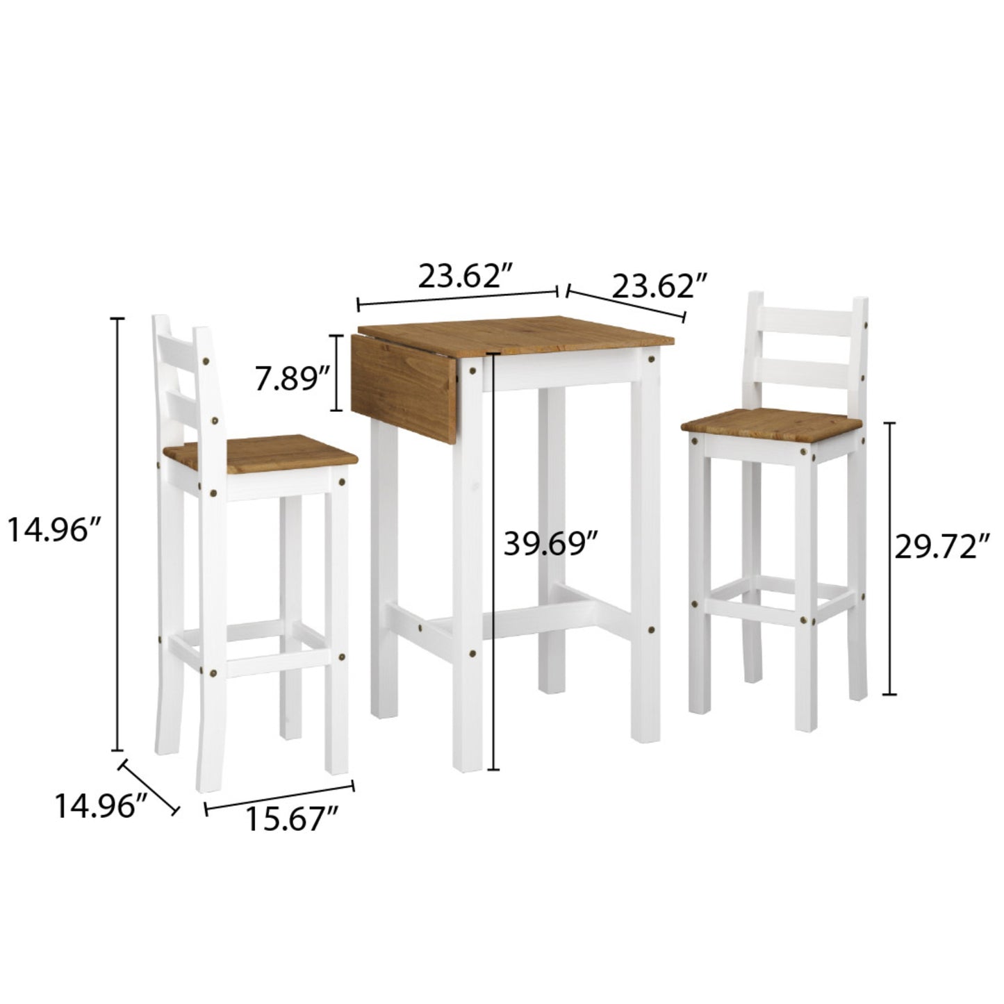 Wood Bar Height Dining Set of Drop Leaf Table and 2 Chairs Corona Snow | Furniture Dash