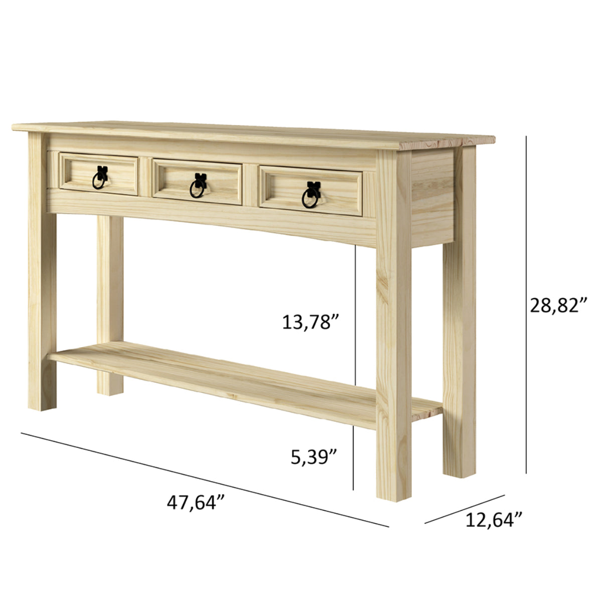 Wood Hall Table Console 3 Drawers Barewood | Furniture Dash