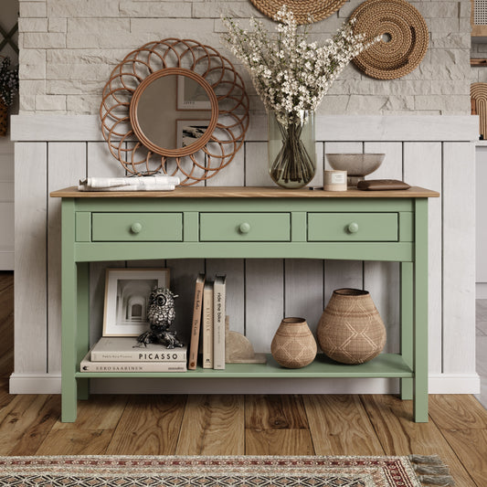 Wood Hall Table Console 3 Drawers Farmhouse Sage Green | Furniture Dash