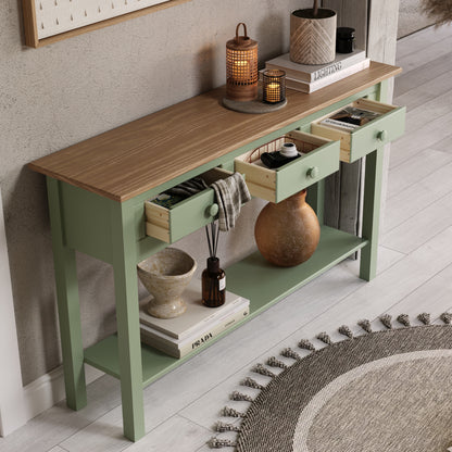 Wood Hall Table Console 3 Drawers Farmhouse Sage Green | Furniture Dash
