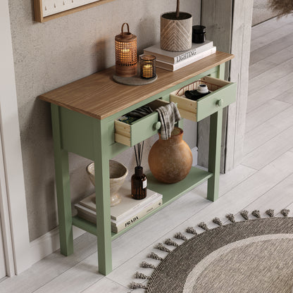 Wood Hall Table Console 2 Drawers Farmhouse Sage Green | Furniture Dash