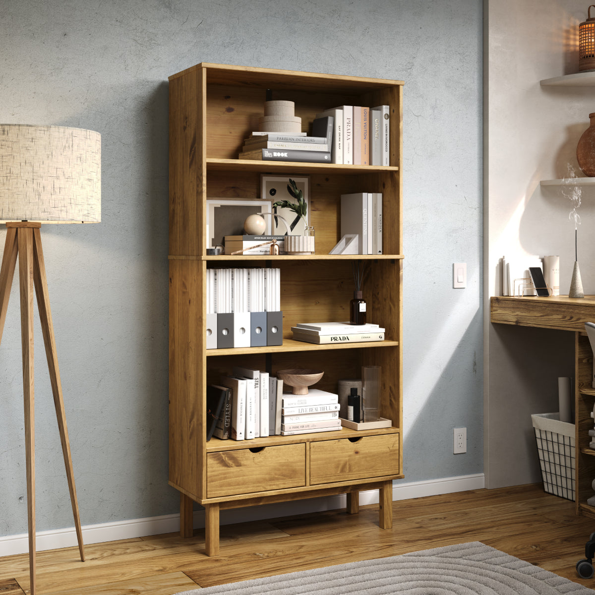 Wood Bookcase 2 Drawers Norden | Furniture Dash