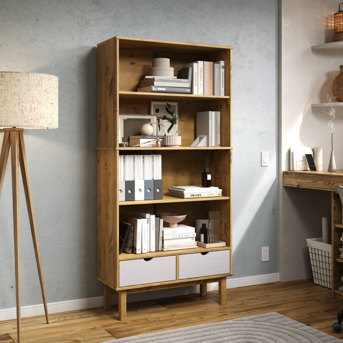 Wood Bookcase 2 Drawers Norden | Furniture Dash