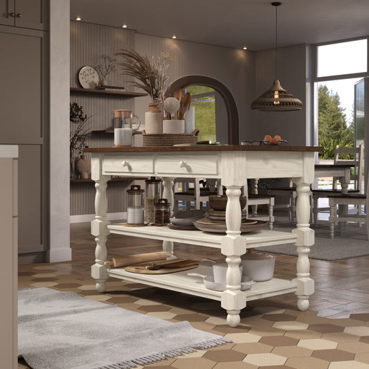 Wood Kitchen Island 2 Drawers 2 Shelf White Distressed | Furniture Dash