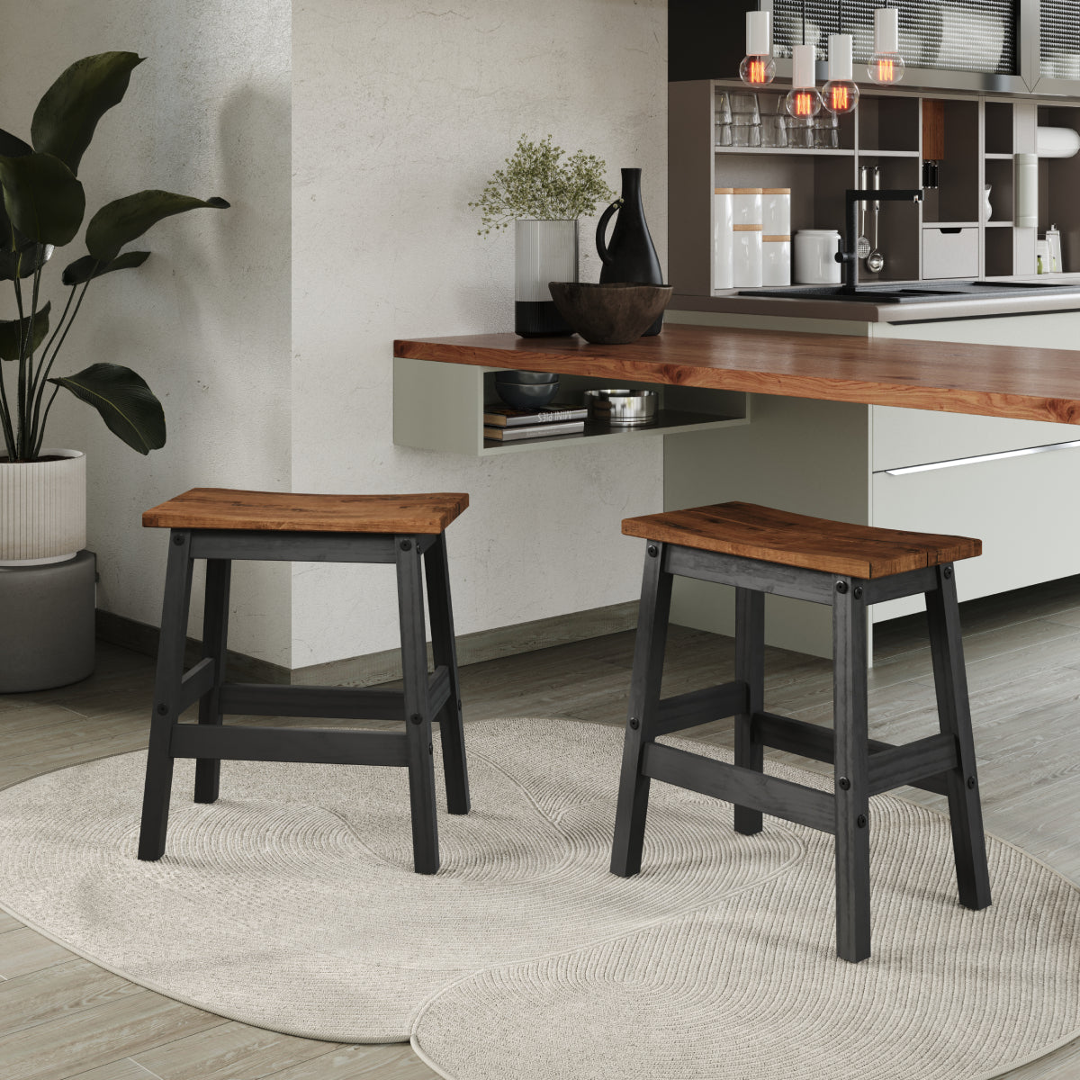 Wood Set of 2 Kitchen Stools Harvest Black | Furniture Dash