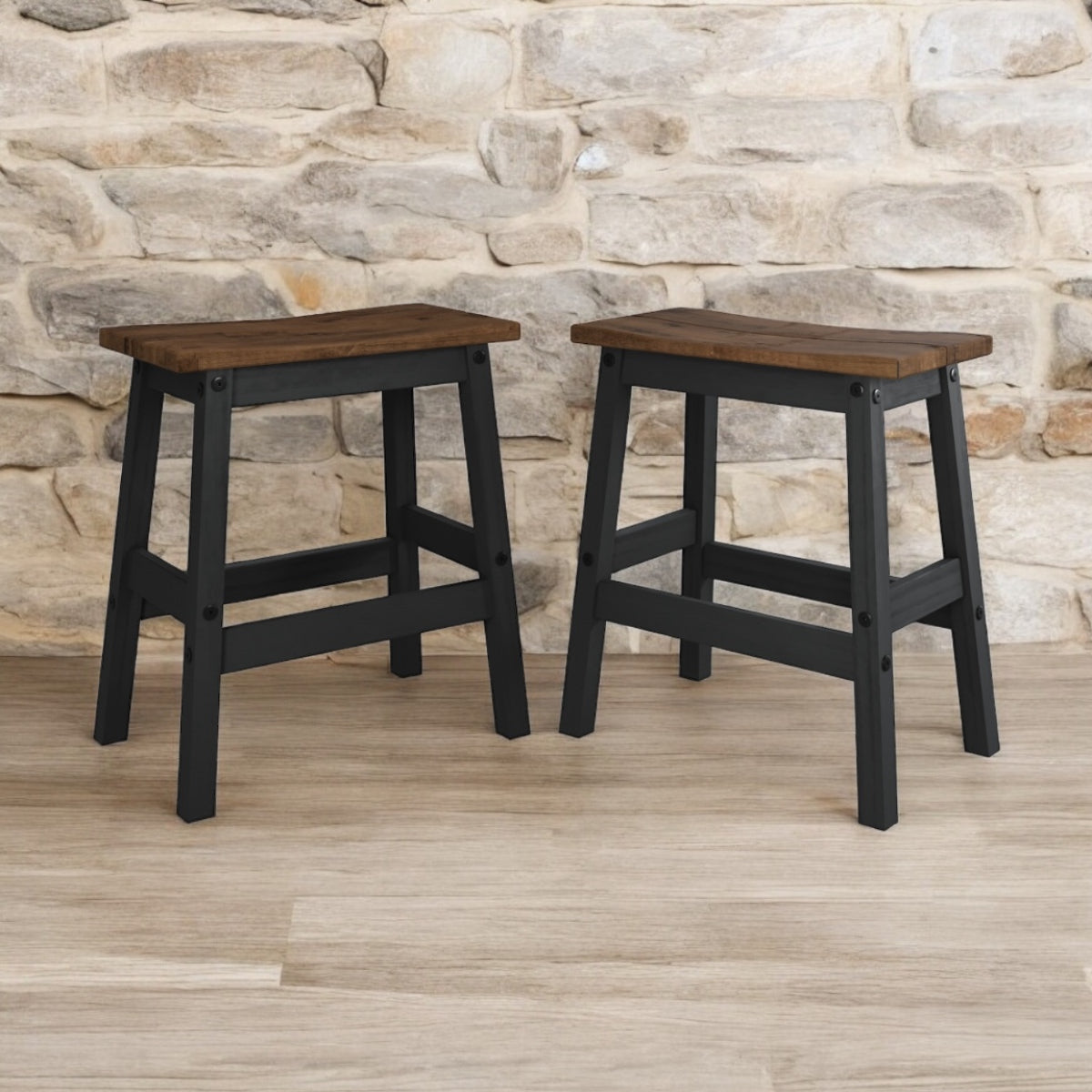 Wood Set of 2 Kitchen Stools Harvest Black | Furniture Dash