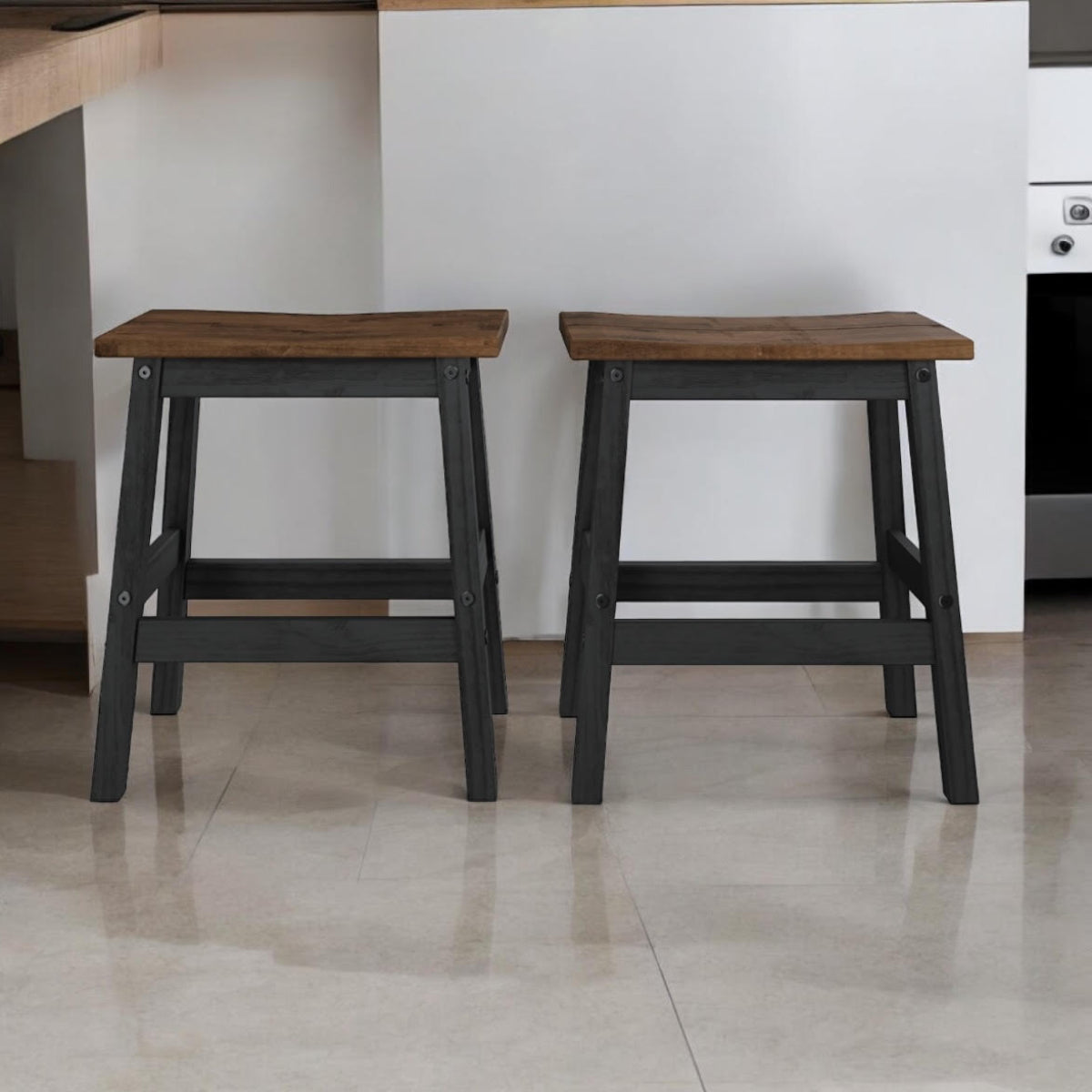 Wood Set of 2 Kitchen Stools Harvest Black | Furniture Dash