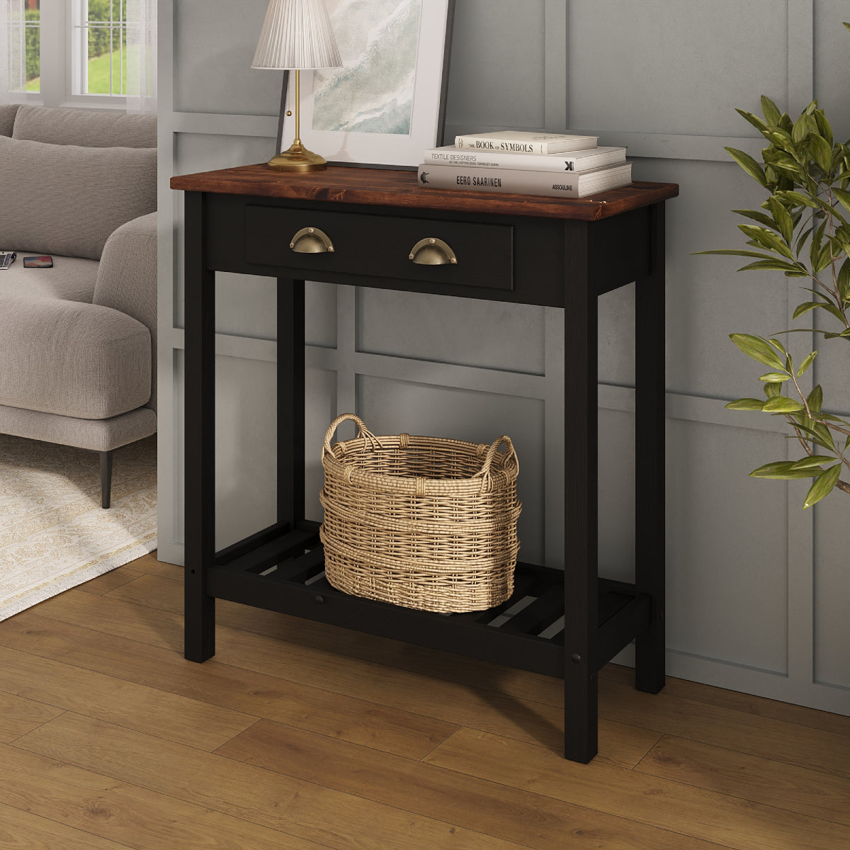 Wood Hall Table Console 1 Drawer Harvest Black | Furniture Dash