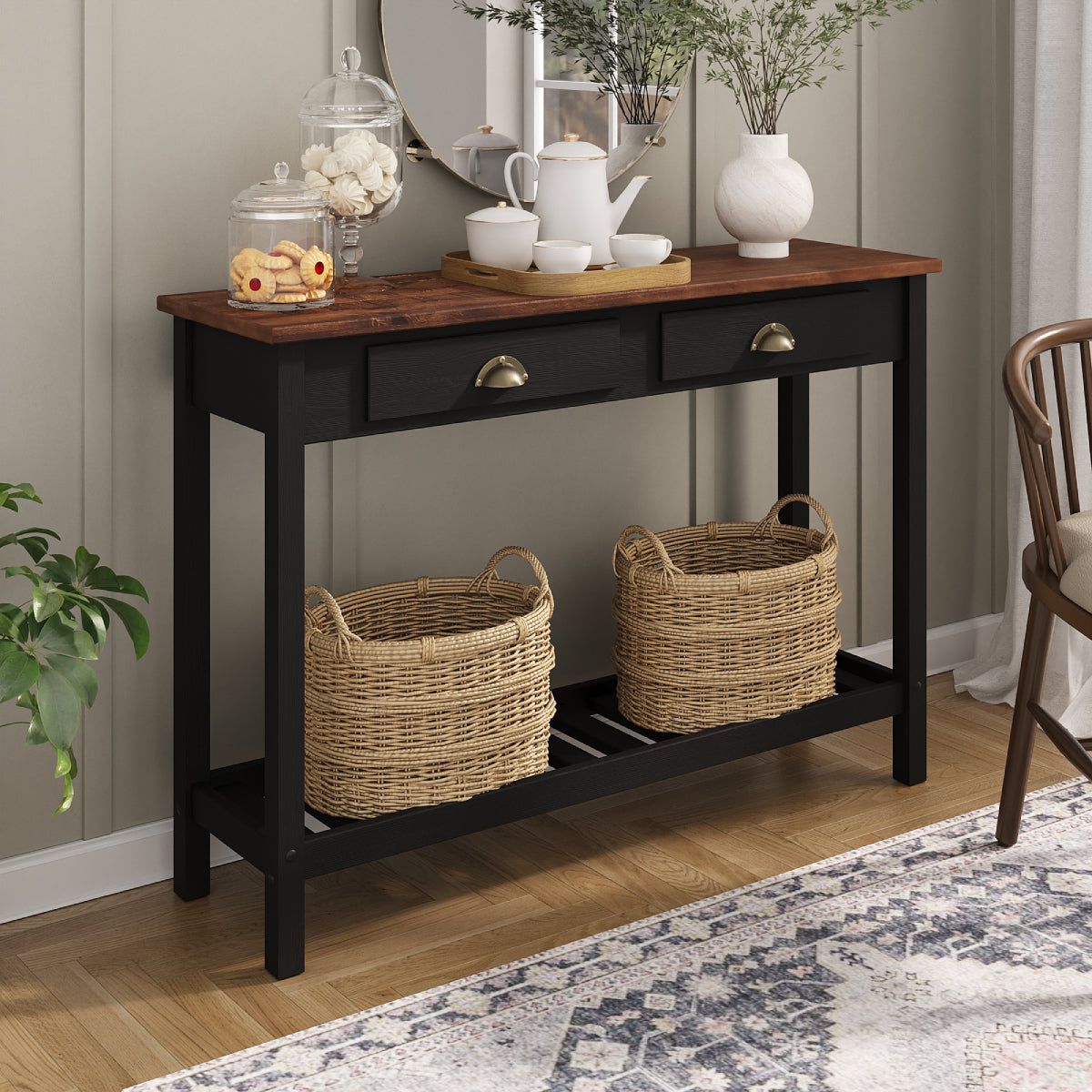 Wood Hall Table Console 2 Drawers Harvest Black | Furniture Dash