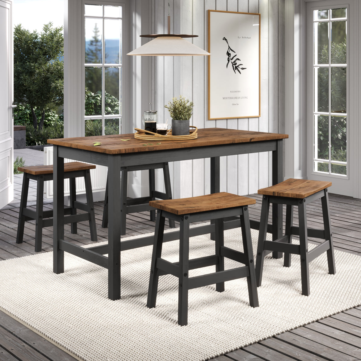 Wood Dining Set Table and 4 Stools Harvest Black | Furniture Dash