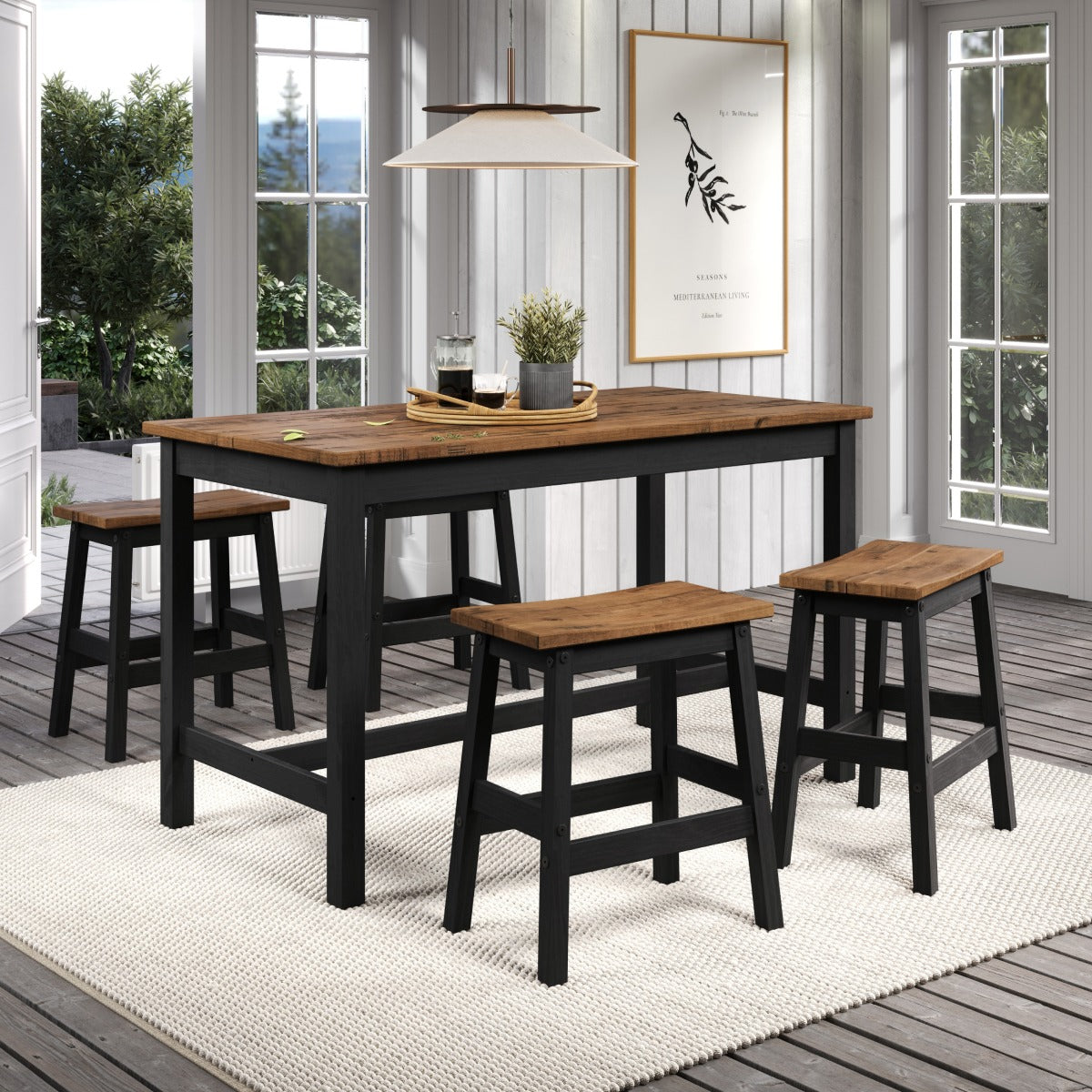 Wood Dining Set Table and 4 Stools Harvest Black | Furniture Dash