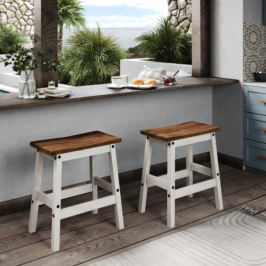 Wood Set of 2 Kitchen Stools Harvest White Distressed | Furniture Dash