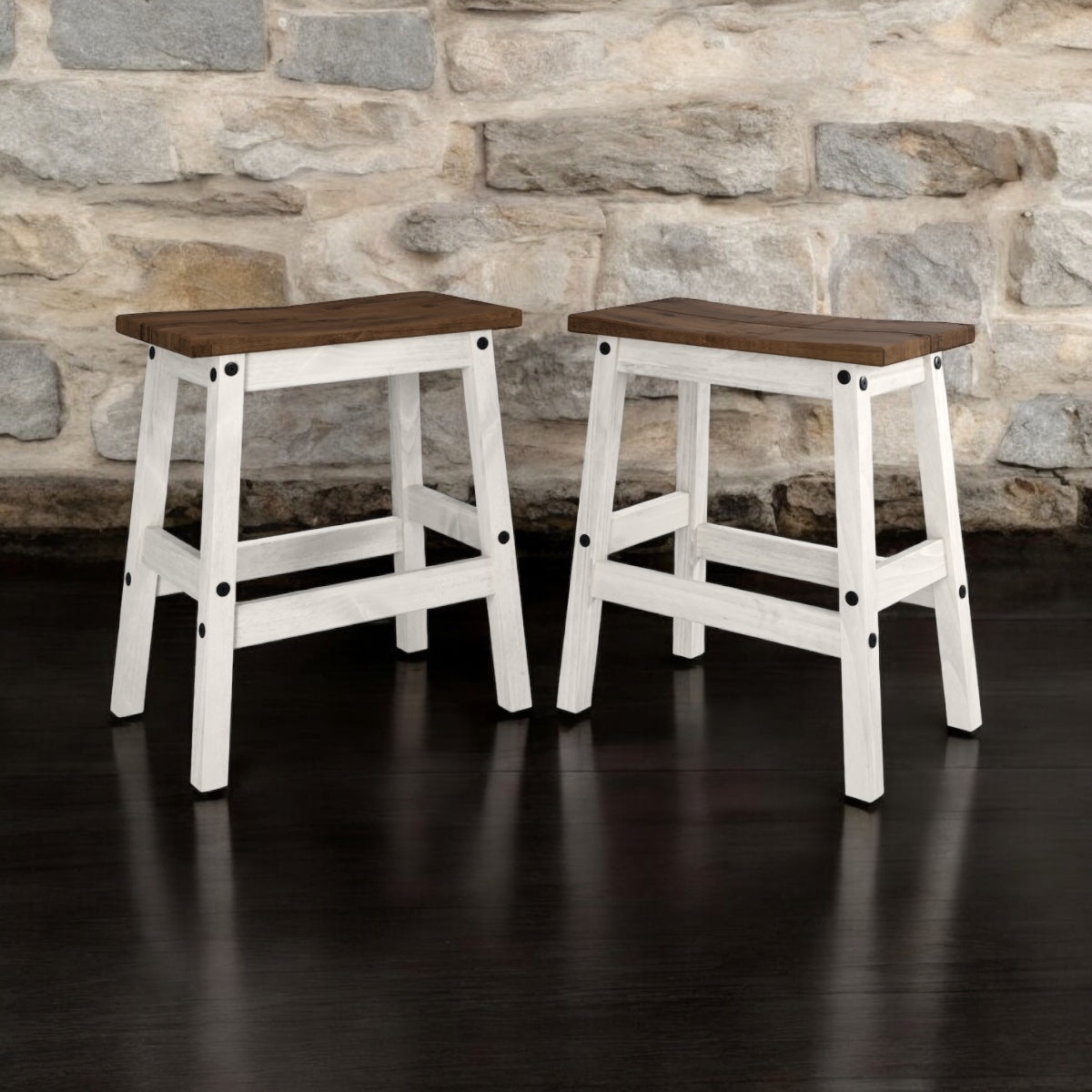 Wood Set of 2 Kitchen Stools Harvest White Distressed | Furniture Dash