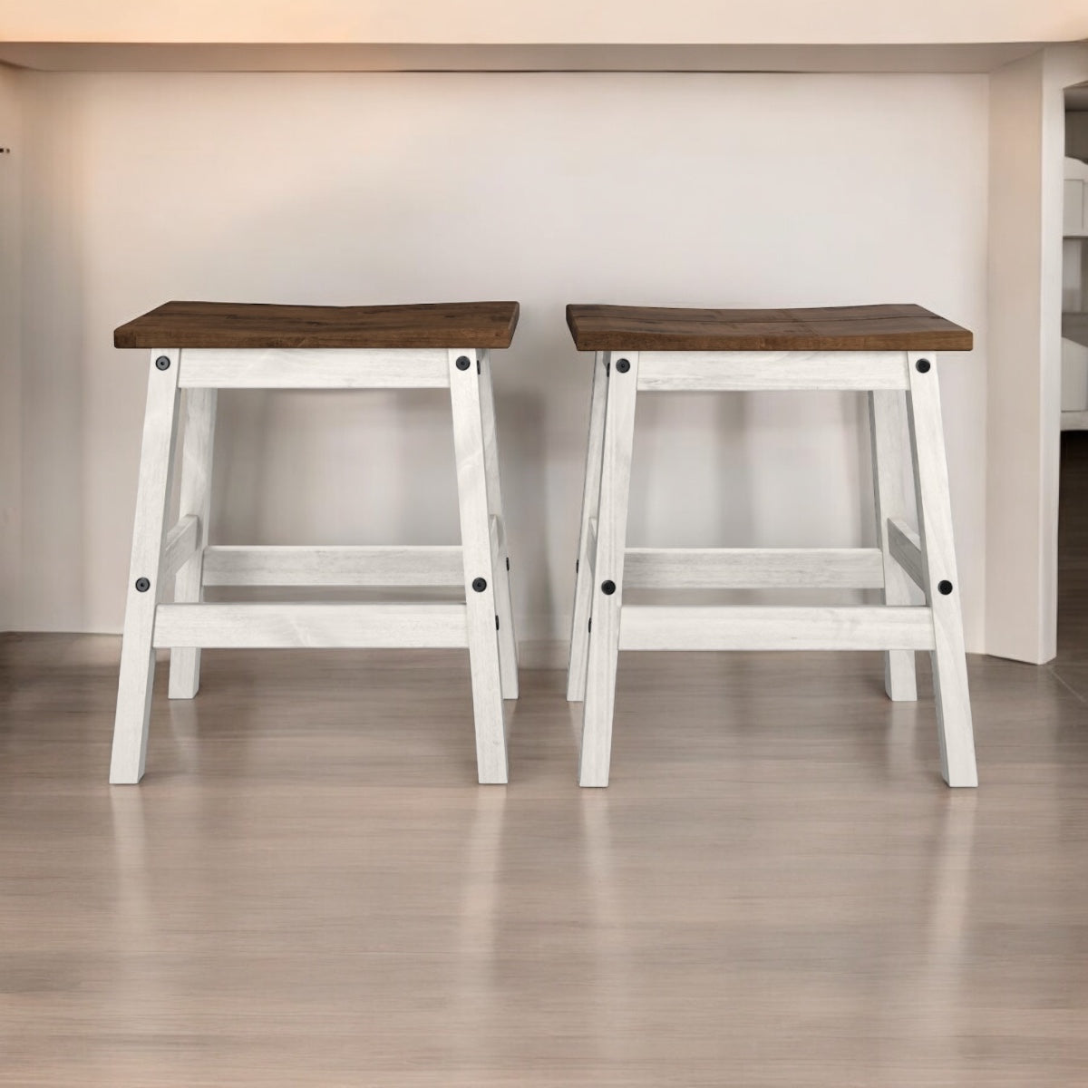 Wood Set of 2 Kitchen Stools Harvest White Distressed | Furniture Dash