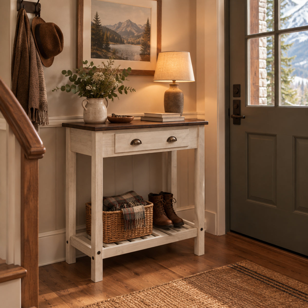 Wood Hall Table Console 1 Drawer Harvest White Distressed | Furniture Dash