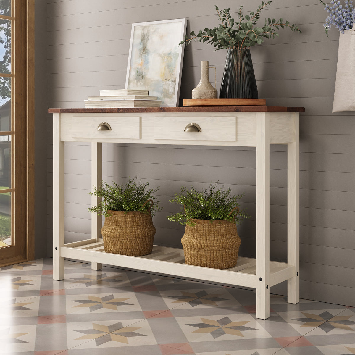 Wood Hall Table Console 2 Drawers Harvest White Distressed | Furniture Dash