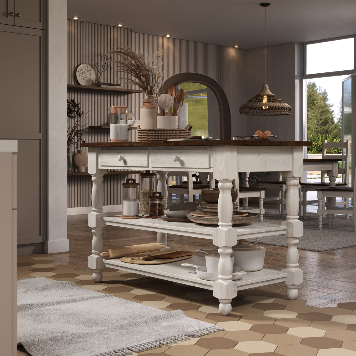 Wood Kitchen Island 2 Drawers 2 Shelf White Distressed | Furniture Dash